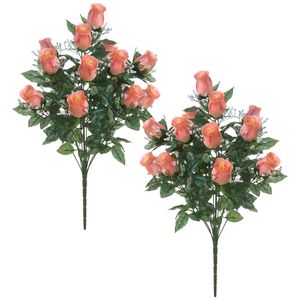 Kunstbloemen boeket rozen/gipskruid - 2x stuks - zalmroze - H56 cm - Bloemstuk - Bladgroen