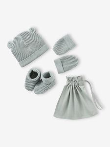 Set babymutsjes, wanten en laarsjes en bijpassend zakje Oeko-Tex® grijsblauw