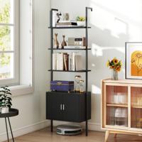 5-laags Ladderrek Boekenrek Wandrek met Kast Kantelbeveiligingskits en Metalen Frame Zwart 60 x 35 x 184 cm