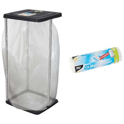 Staande vuilniszakhouder prullenbak zwart 60L incl. 15x vuilniszakken