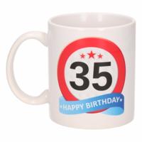 35 jaar Verjaardag koffiemok - cadeau beker - stopbord print - 300 ml - keramiek - wit