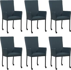 Set van 6 Blauwe leren moderne eetkamerstoelen Deal - met armleuning poot vierkant zwart met wiel - Toledo Leer Marine (blauw leer)