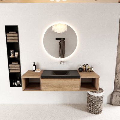 MONDIAZ BUKLA 160cm badmeubel met open module 40 L+R kleur Washed Oak met 2 lades. Wastafel CLOUD midden 0 kraangaten kleur Urban.