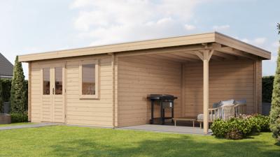 Lugarde Select Blokhut met overkapping Wehl 400x400cm + 300cm - Onbehandeld- Plat dak- - Lugarde Select