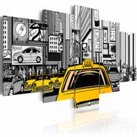 Schilderij - Cartoon Taxi, Zwart-Wit/Geel, 5luik , ,wanddecoratie , premium print op canvas