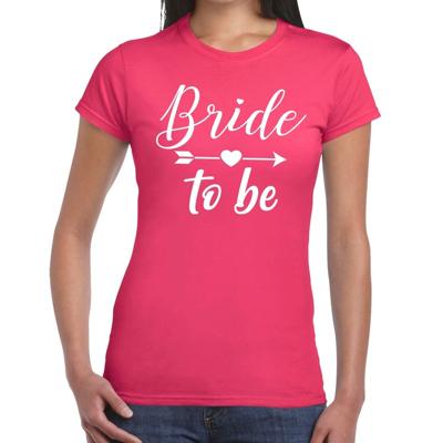 Bride to be tekst t-shirt - met Cupido pijl - roze - voor dames - Vrijgezellenfeest kleding