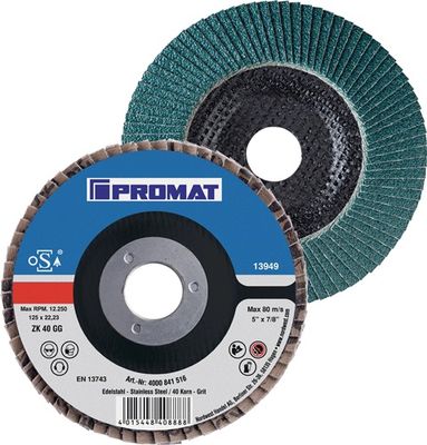 Promat Lamellenslijpschijf | d. 180 mm korreling 60 conisch | RVS zirkoniumkorund - 4000841527 4000841527