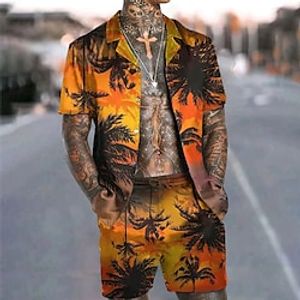 Voor heren Overhemdset Hawaiiaans overhemd Kokosnootboom Grafische prints Cubaanse kraag Groen / zwart Zwart Geel Zwart / Bruin Rood Straat Casual Korte mouw Afdrukken Kleding Tropisch Modieus Hawaii Lightinthebox