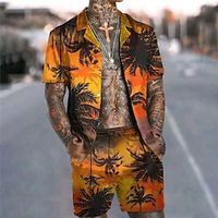 Voor heren Overhemdset Hawaiiaans overhemd Kokosnootboom Grafische prints Cubaanse kraag Groen / zwart Zwart Geel Zwart / Bruin Rood Straat Casual Korte mouw Afdrukken Kleding Tropisch Modieus Hawaii Lightinthebox