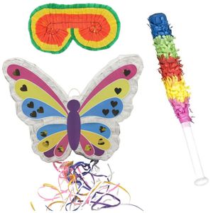 Verjaardag Pinata Vlinder van 42 cm set met stok en masker