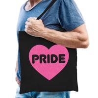 Gay Pride tas voor heren - zwart - katoen - 42 x 38 cm - roze glitter hart - LHBTI - thumbnail