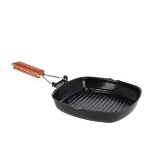 Zwarte metalen grillpan 25 cm met inklapbaar houten handvat   -