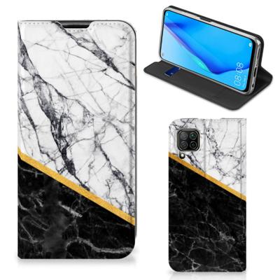Huawei P40 Lite | Standcase | Marmer Wit Zwart - Origineel Cadeau Man