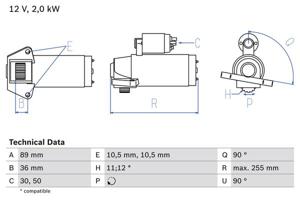 Startmotor / Starter BOSCH, Spanning (Volt)12V, u.a. für Peugeot, Citroën, Ford, Fiat, Land Rover