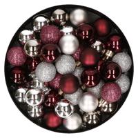 Kleine kunststof kerstversiering 40x stuks set en 3 cm kerstballen in het zilver en aubergine - Kerstbal