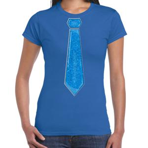 Verkleed t-shirt voor dames - stropdas glitter blauw - blauw - carnaval - foute party