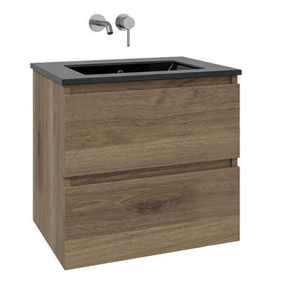 Adema Chaci Badkamermeubelset - 80x46x55cm - 1 keramische wasbak zwart - zonder kraangat - 2 lades - eiken SW1212767/SW773931