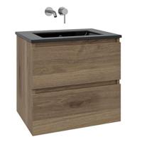 Adema Chaci Badkamermeubelset - 80x46x55cm - 1 keramische wasbak zwart - zonder kraangat - 2 lades - eiken SW1212767/SW773931