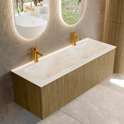 Badmeubel Mondiaz Kurve-Dlux | 130 cm cm | Meubelkleur Dusk | Wastafelkleur Ostra | Solid surface | Wasbak beiden zijden spoelbak | 2 kraangaten