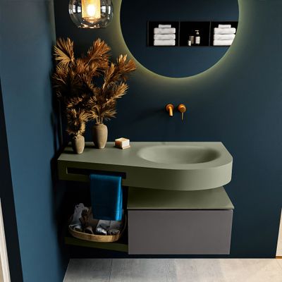 MONDIAZ RIVA 100cm badmeubel onderkast / planchet kleur Dark_Grey met 1 lade. Wastafel DULCET rechts 0 kraangaten kleur Army. MONDIAZ RIVA 100cm badmeubel onderkast / planchet kleur Dark_Grey met 1 lade. Wastafel DULCET rechts 0 kraangaten kleur Army.