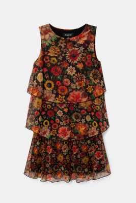 Bloemetjesjurk met ruches - BLACK - S