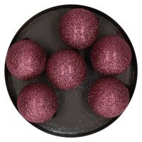 6x stuks kunststof glitter kerstballen aubergine roze 6 cm - Kerstbal - thumbnail