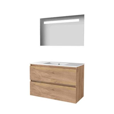 Basic-Line Economic 46 Badkamermeubelset - 100 x 46 cm - Greeploos - 2 Lades - Keramische Wastafel - 1 Kraangat - Spiegel met LED Verlichting - Whisky Oak