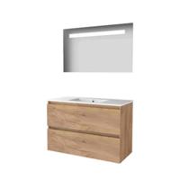 Basic-Line Economic 46 Badkamermeubelset - 100 x 46 cm - Greeploos - 2 Lades - Keramische Wastafel - 1 Kraangat - Spiegel met LED Verlichting - Whisky Oak