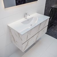 Mondiaz Vica Denia badmeubel wit carrara mat 100 cm 2 lades keramiek enkele spoelbak midden 1 kraangat