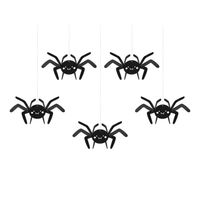 PartyDeco Halloween thema hangende spinnen - 5x - zwart - papier - 27 cm - Hangdecoratie