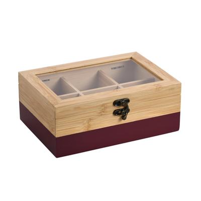 Kesper Theedoos - 6-vaks - donkerrood - bamboe - 21 x 15 x 9 cm - theekist - kunststof kijkvenster