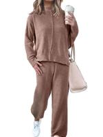 Women's Plain Daily Going Out Two-Piece Set Brown Casual Spring/Fall Top With Pants Matching Set