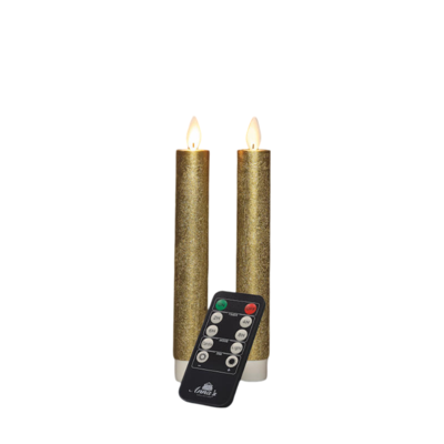 Dinerkaars wax led bewegende vlam op batterij met afstandsbediening 2 stuks h18 cm goud - Annas collection