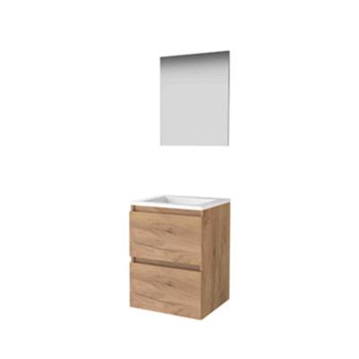 Basic-Line Basic 46 Badkamermeubelset - 50 x 46 cm - Greeploos - 2 Lades - Acryl Wastafel - Zonder Kraangat - Spiegel - Whisky Oak