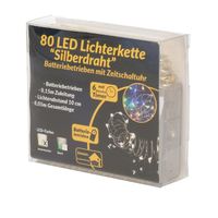 Draadverlichting zilver met warm witte LED lampjes 8 meter op batterijen met timer