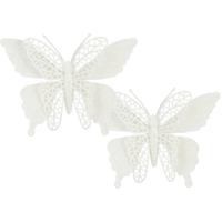 Kerstboomversiering Vlinder - 2x stuks - 16 cm - wit glitter - op clip