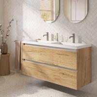 Saqu Gaia badmeubel incl. dubbele glans witte wastafel 120x51x64cm eiken marcato - aluminium greeplijst