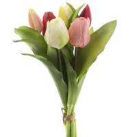 Kunst tulpen boeket Vermeer - 5x stuks - roze/creme - real touch - 31 cm - kunst zijdebloemen