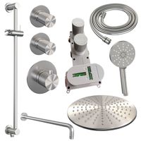 Regendoucheset Inbouw Brauer Brushed Carving Thermostatisch 30 cm met Gebogen Wandarm, Glijstang en Handdouche 3-Standen Geborsteld RVS Brauer