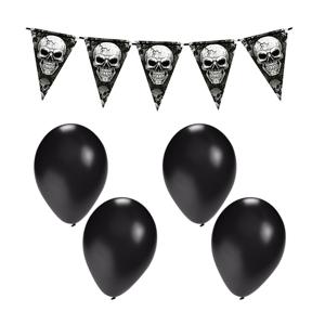 Halloween/horror thema vlaggenlijn - doodskop/skull - 400 cm - incl. 10x ballonnen zwart