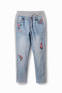 Denim joggingbroek met bloemen - BLUE - XS