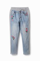 Denim joggingbroek met bloemen - BLUE - XS - thumbnail