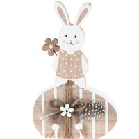 Decoratie paashaas met paasei - hout - bruin/wit - 20 cm