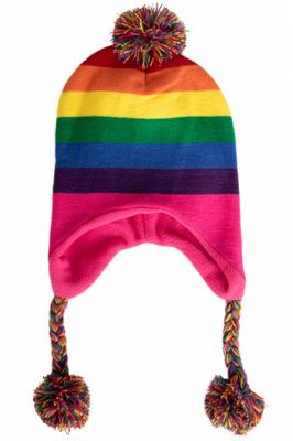 Gebreide ijsmuts met pompon en tassels Regenboog