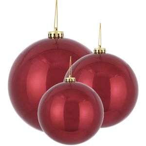 Grote kerstballen 3x stuks donkerrood 15, 20 en 25 cm kunststof