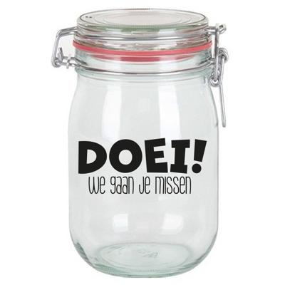 Cadeau voorraadpot collega - afscheid / pensioen - Doei we gaan je missen - glas - 1 liter