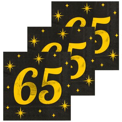 Verjaardag feest servetten - leeftijd 65 jaar - 48x stuks - zwart/goud - sterren - 33 x 33 cm