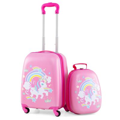 2-delig Handbagage set met Spinner-wielen Harde Koffer en Rugzak Roze Eenhoorn 12"+16"