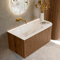 Mondiaz KURVE-DLUX 95 cm Onderkast Greeploos 1 Lade Met Deuren Walnut, Wastafel Solid Surface Links Frappe 0 Kraangaten Zonder Spiegel (KRVBGS95R1L1D0KL-Wal/Fra)