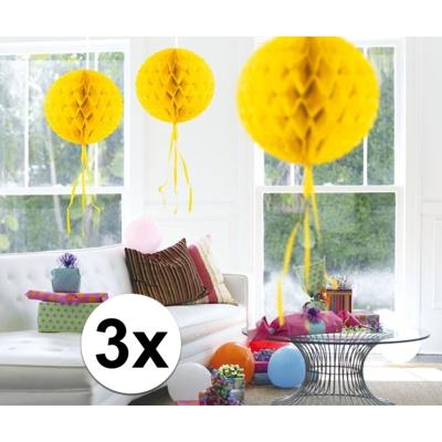 Decoratie bol - 3x - geel - 30 cm - crepe papier - versiering - feestversiering